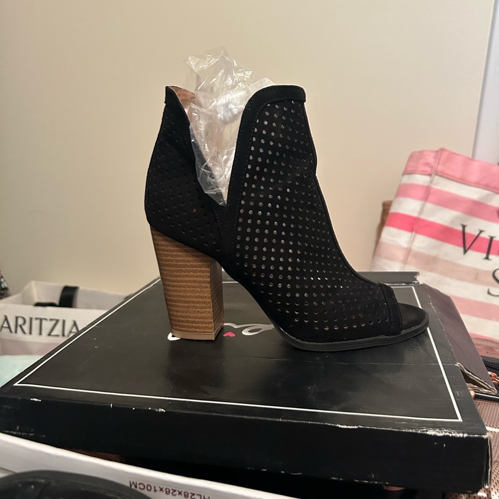 Qupid Black Perforated Ankle Booties with Tan Heel - Picture 6 of 8